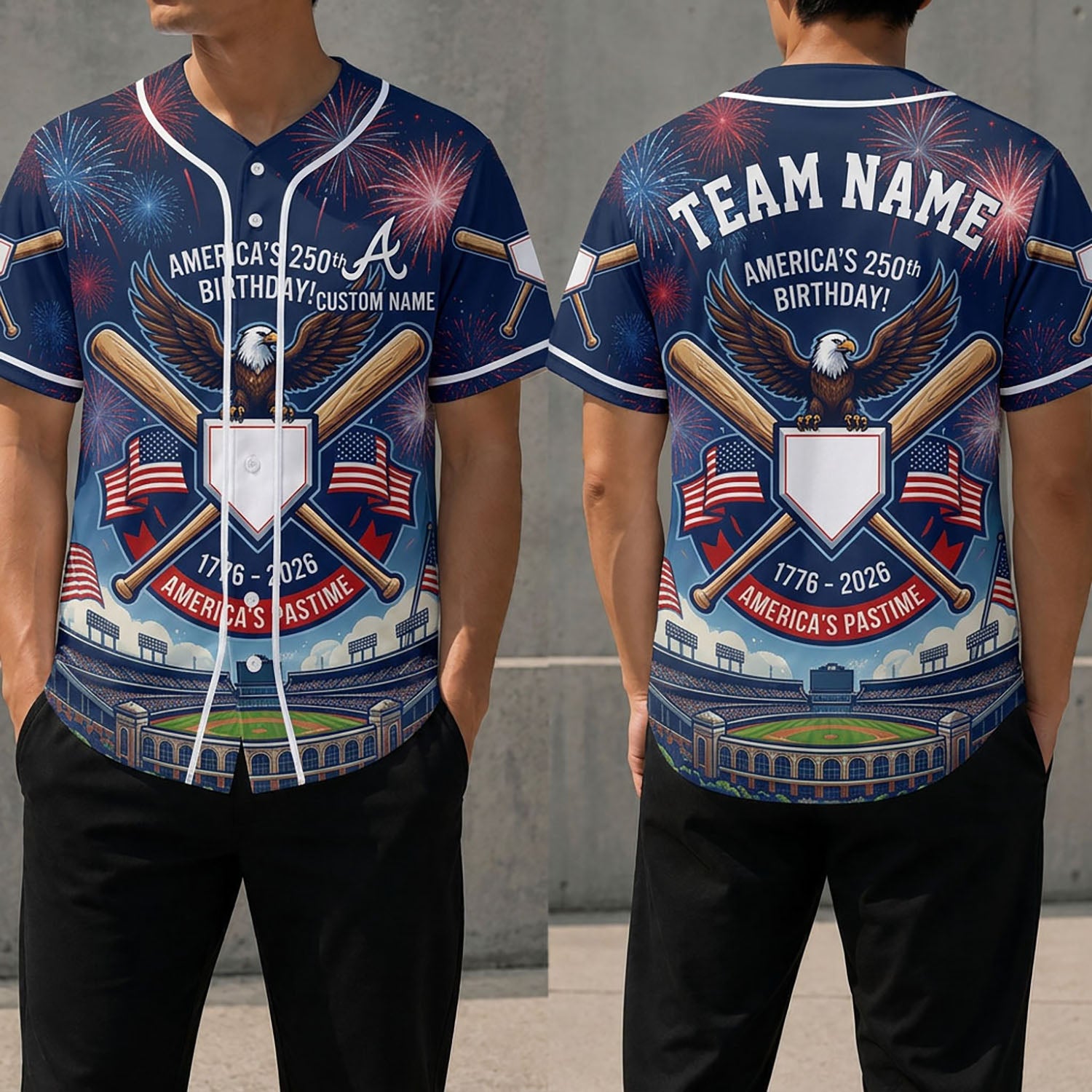 Front And Back View Of The America's 250th Birthday Baseball Jersey Featuring Stadium Graphics And Fireworks