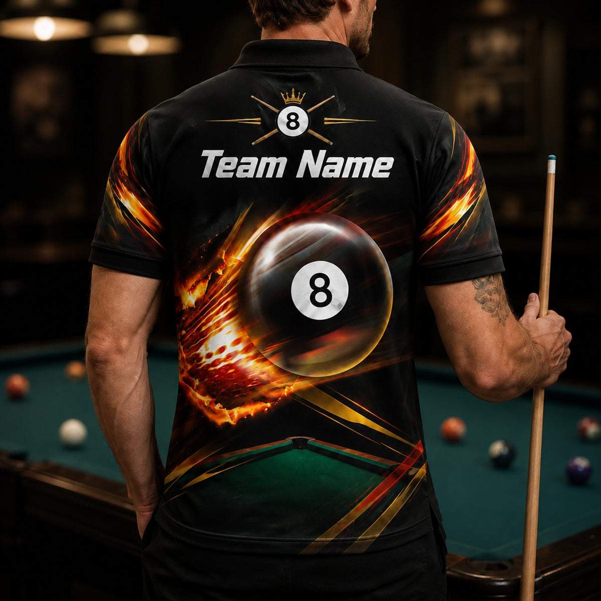 Blazing 8 Ball Sport Custom Billiard Polo Shirt Back View
