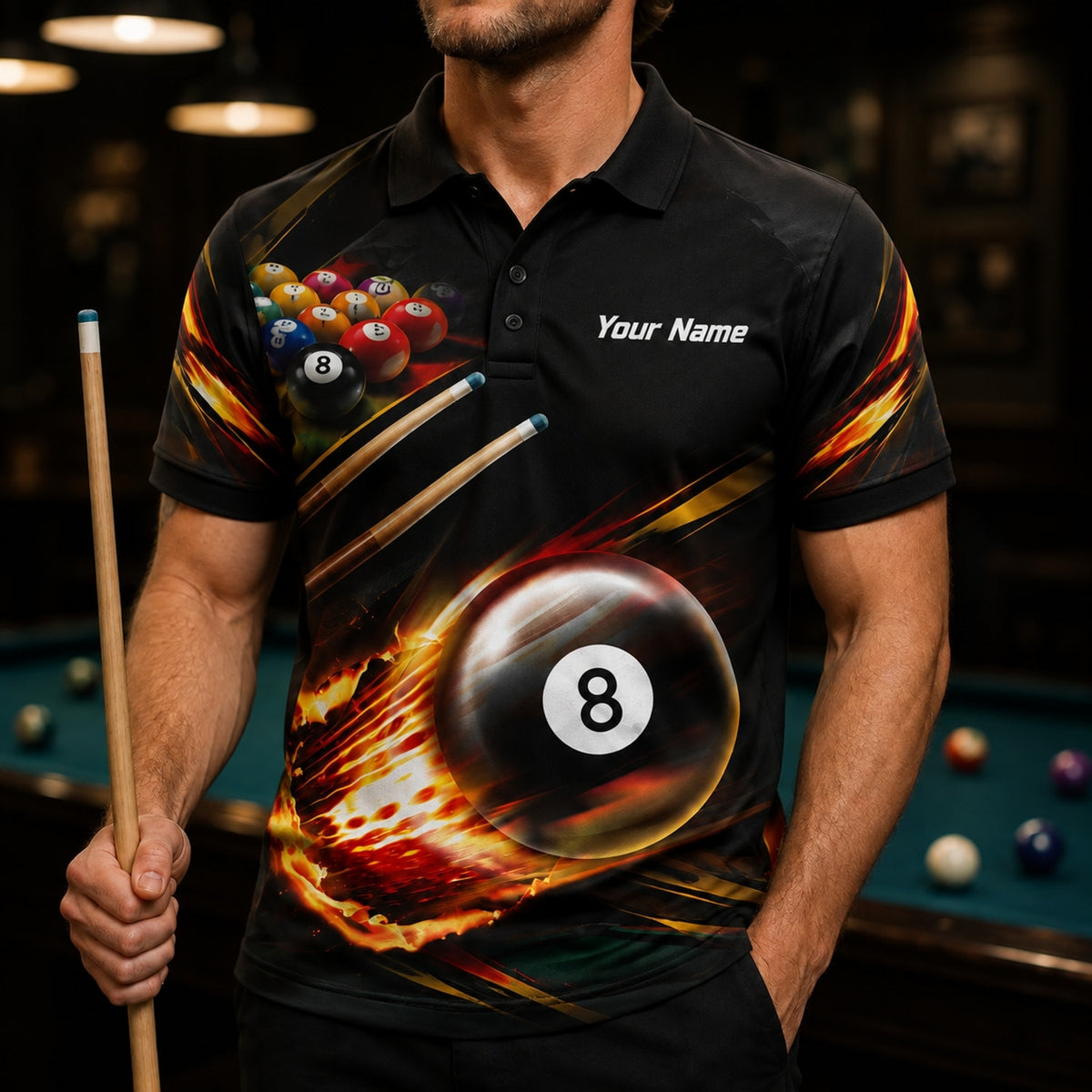 Blazing 8 Ball Sport Custom Billiard Polo Shirt Front View