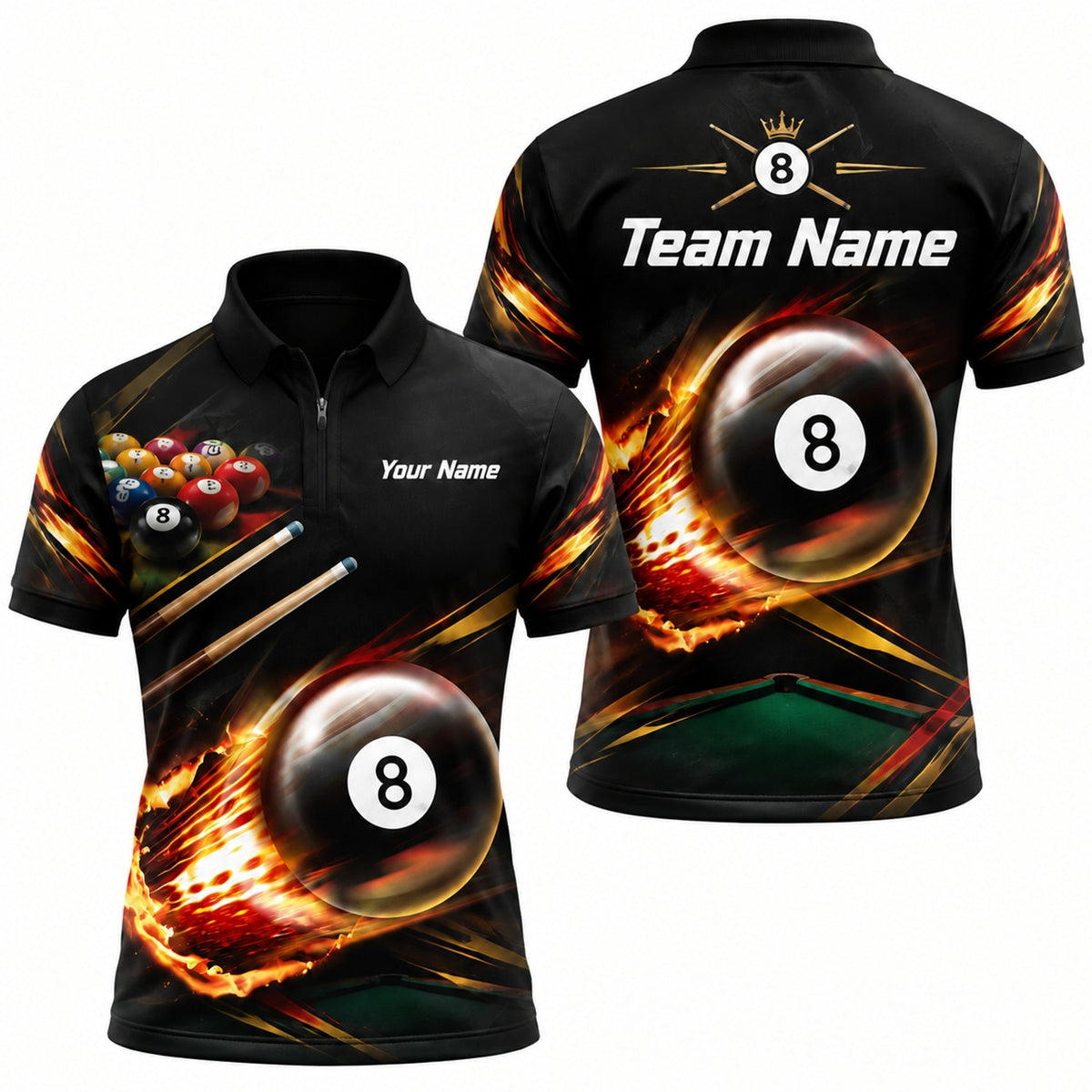 Blazing 8 Ball Sport Custom Billiard Polo Shirt Jersey Zip 1 4 Collar
