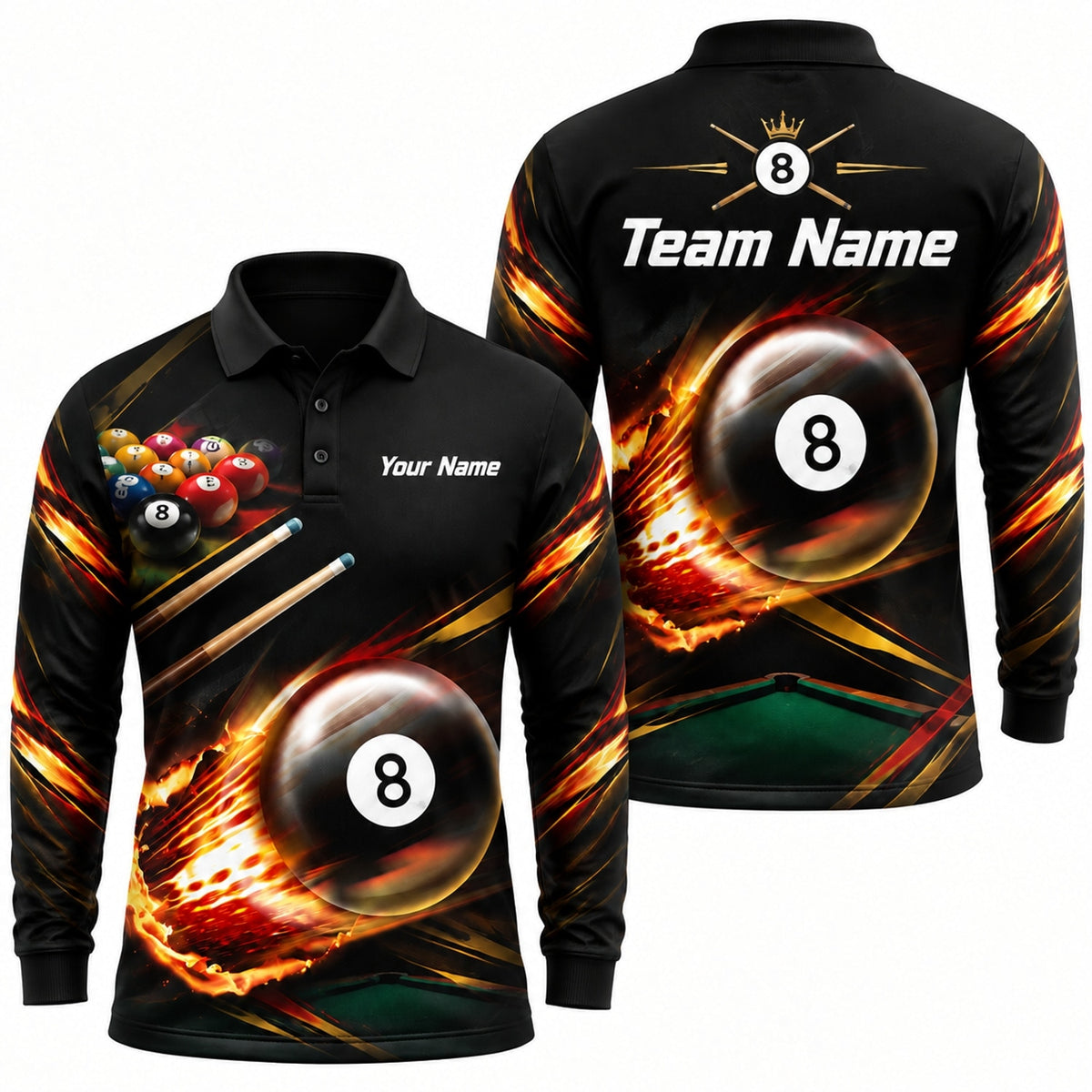 Blazing 8 Ball Sport Custom Billiard Polo Shirt Long Sleeve Polo