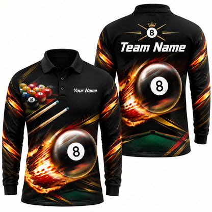 Blazing 8 Ball Sport Custom Billiard Polo Shirt Long Sleeve Polo