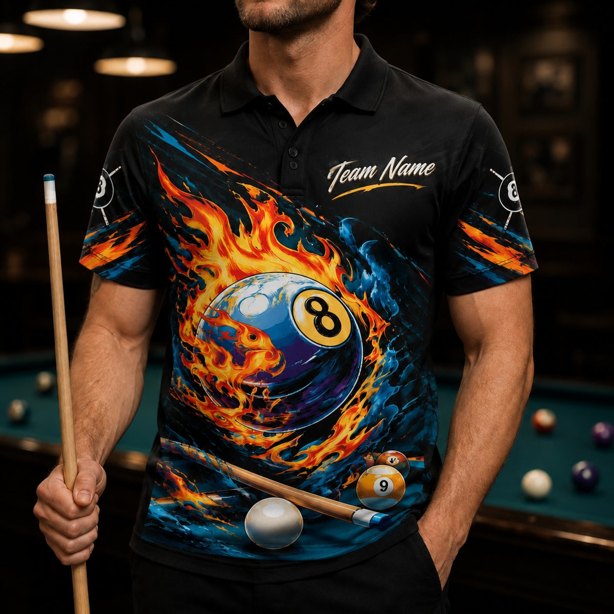 Blazing 8 Ball Sport Personalized Billiard Polo Shirt Front View