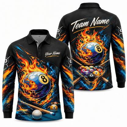 Blazing 8 Ball Sport Personalized Billiard Polo Shirt Long Sleeve Polo