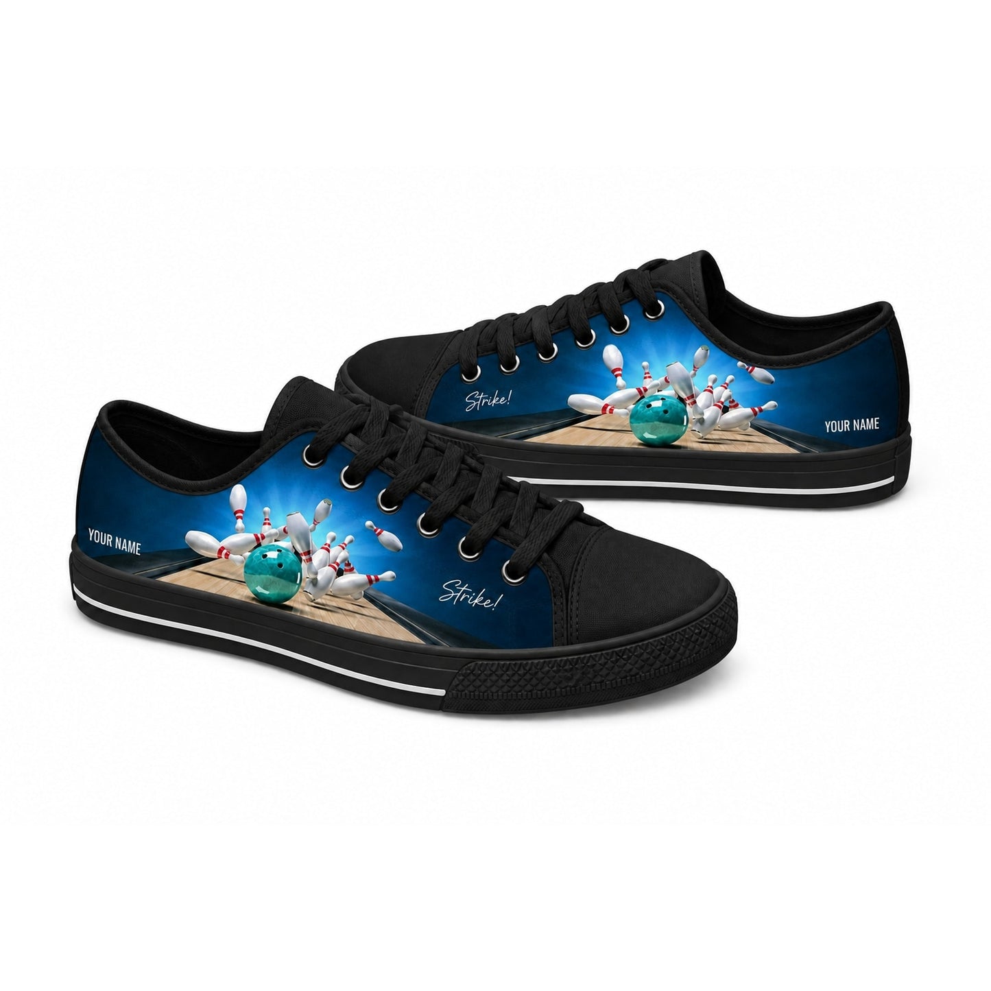 Blue Bowling Ball And Pins Graphic Personalized Low Top Shoes Black Shoes
