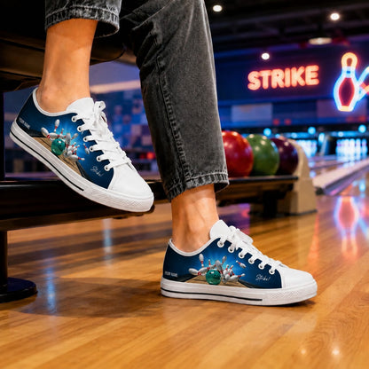 Blue Bowling Ball And Pins Graphic Personalized Low Top Shoes Bowling Life Style