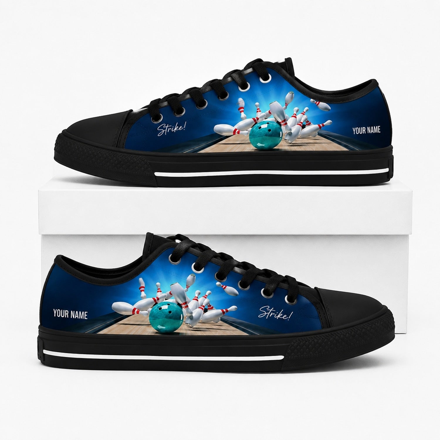 Blue Bowling Ball And Pins Graphic Personalized Low Top Shoes Box Black