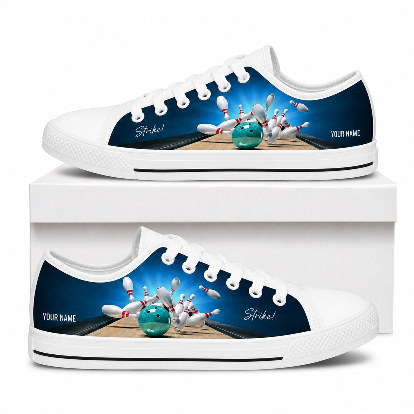 Blue Bowling Ball And Pins Graphic Personalized Low Top Shoes Box White