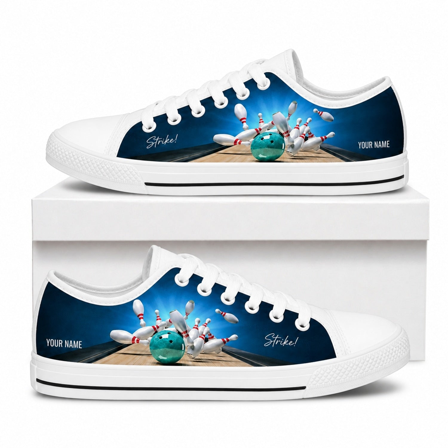 Blue Bowling Ball And Pins Graphic Personalized Low Top Shoes Box White