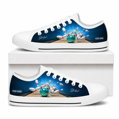 Blue Bowling Ball And Pins Graphic Personalized Low Top Shoes Box White
