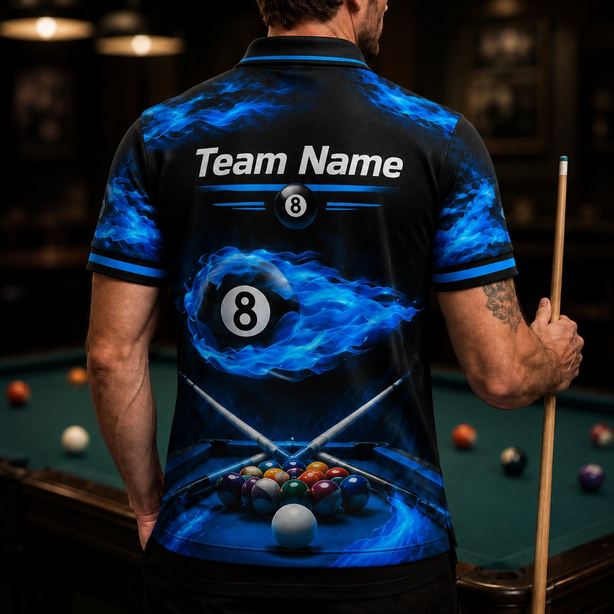 Blue Fire Eight Ball Sport Personalized Billiard Polo Shirt Back View