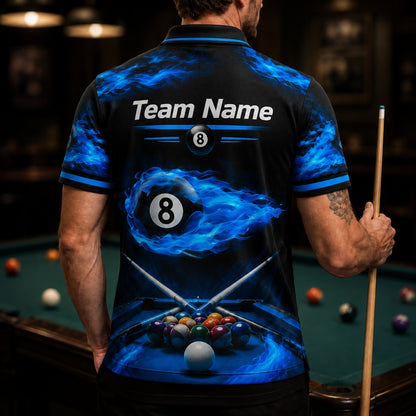 Blue Fire Eight Ball Sport Personalized Billiard Polo Shirt Back View