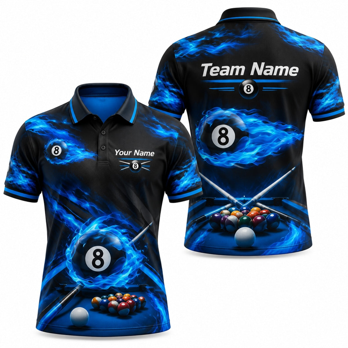 Blue Fire Eight Ball Sport Personalized Billiard Polo Shirt