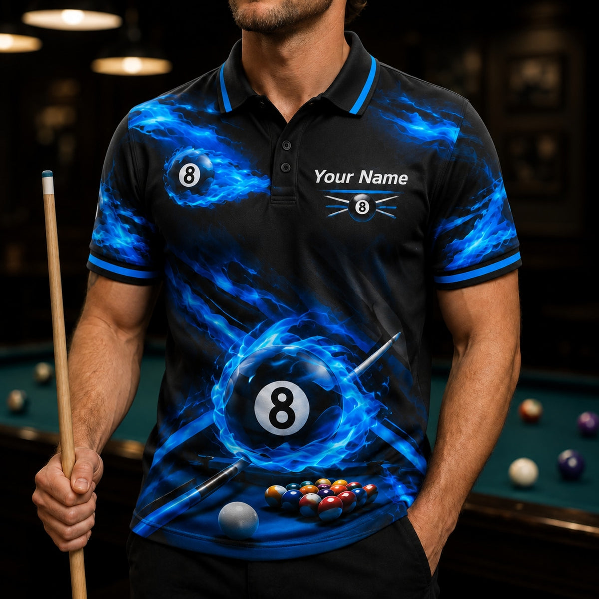 Blue Fire Eight Ball Sport Personalized Billiard Polo Shirt Front View