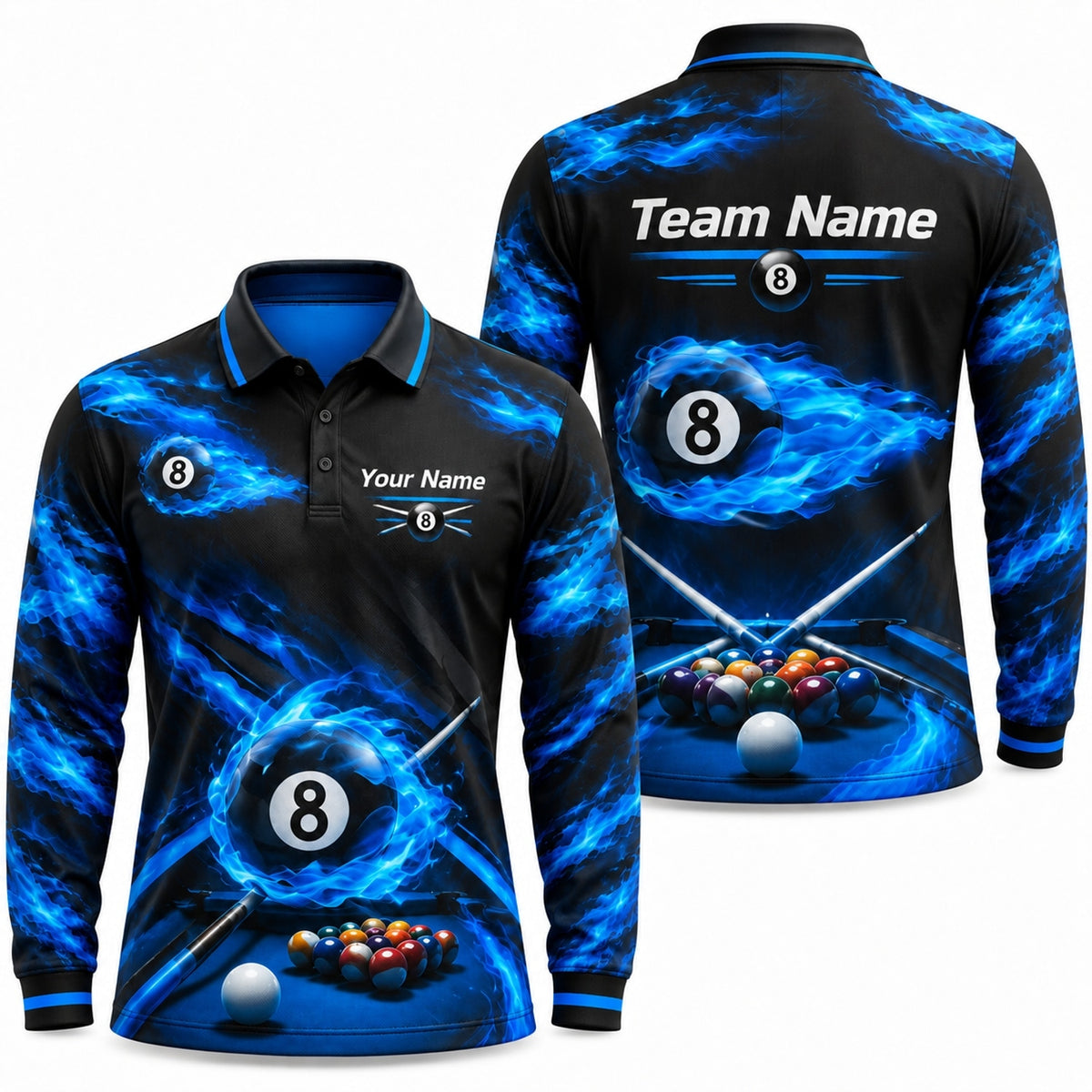 Blue Fire Eight Ball Sport Personalized Billiard Polo Shirt Long Sleeve Polo