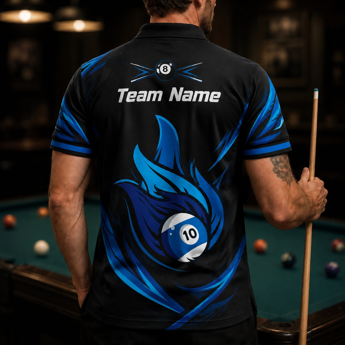 Blue Flaming 10 Ball Sport Custom Billiard Polo Shirt Back View