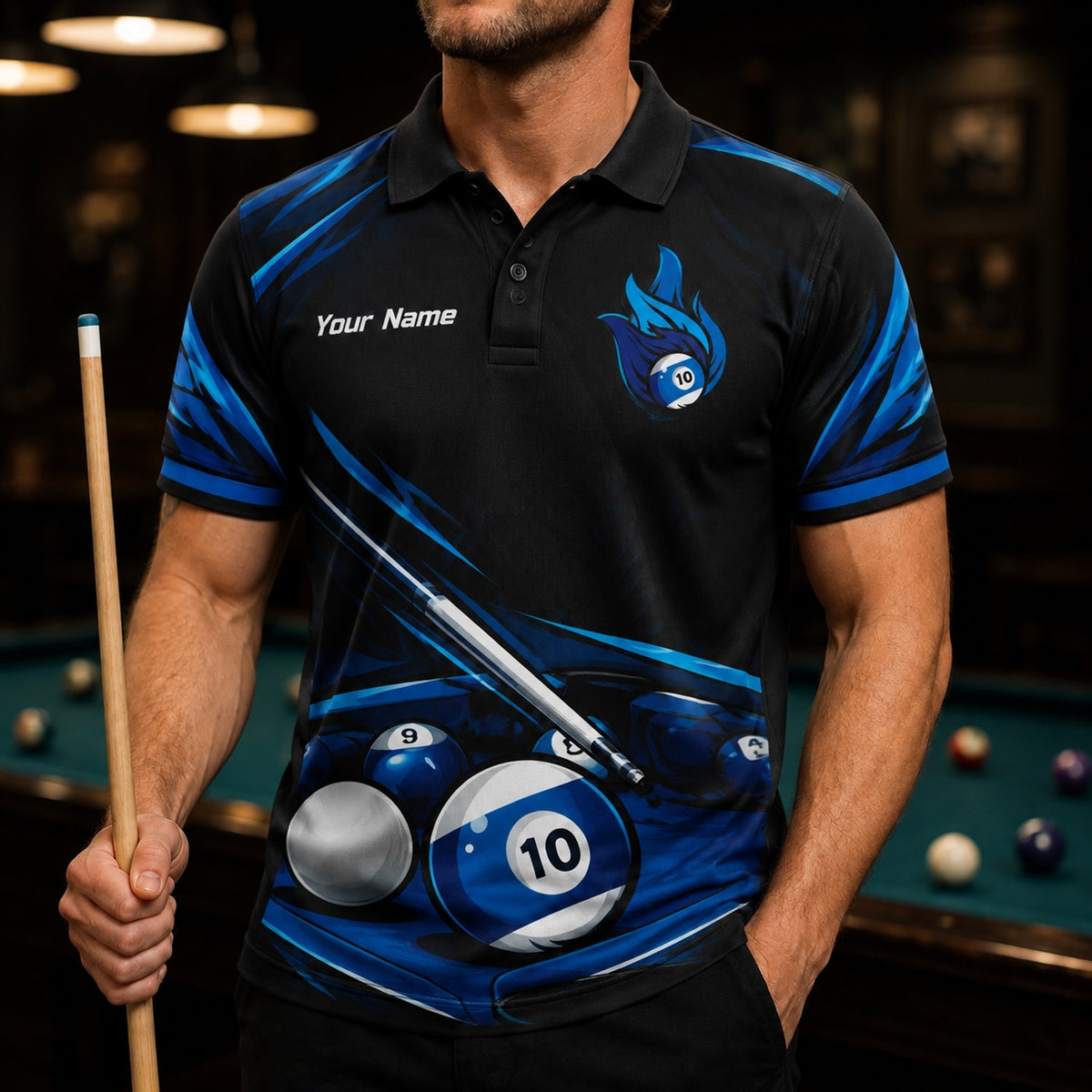 Blue Flaming 10 Ball Sport Custom Billiard Polo Shirt Front View
