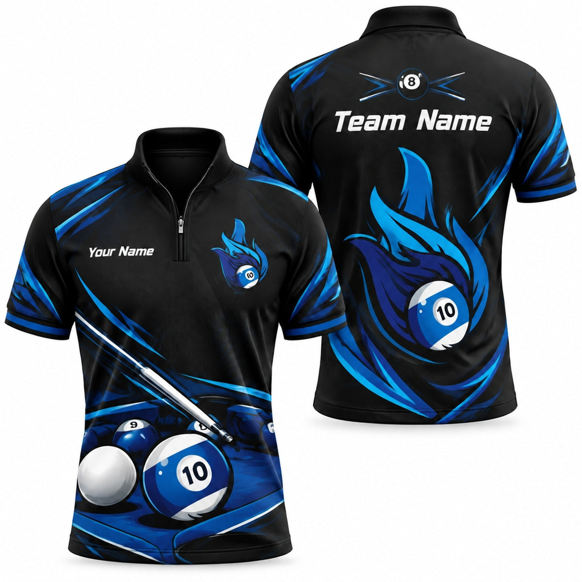 Blue Flaming 10 Ball Sport Custom Billiard Polo Shirt Jersey Zip 1 4 Collar