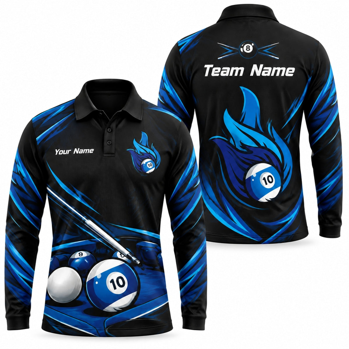 Blue Flaming 10 Ball Sport Custom Billiard Polo Shirt Long Sleeve Polo