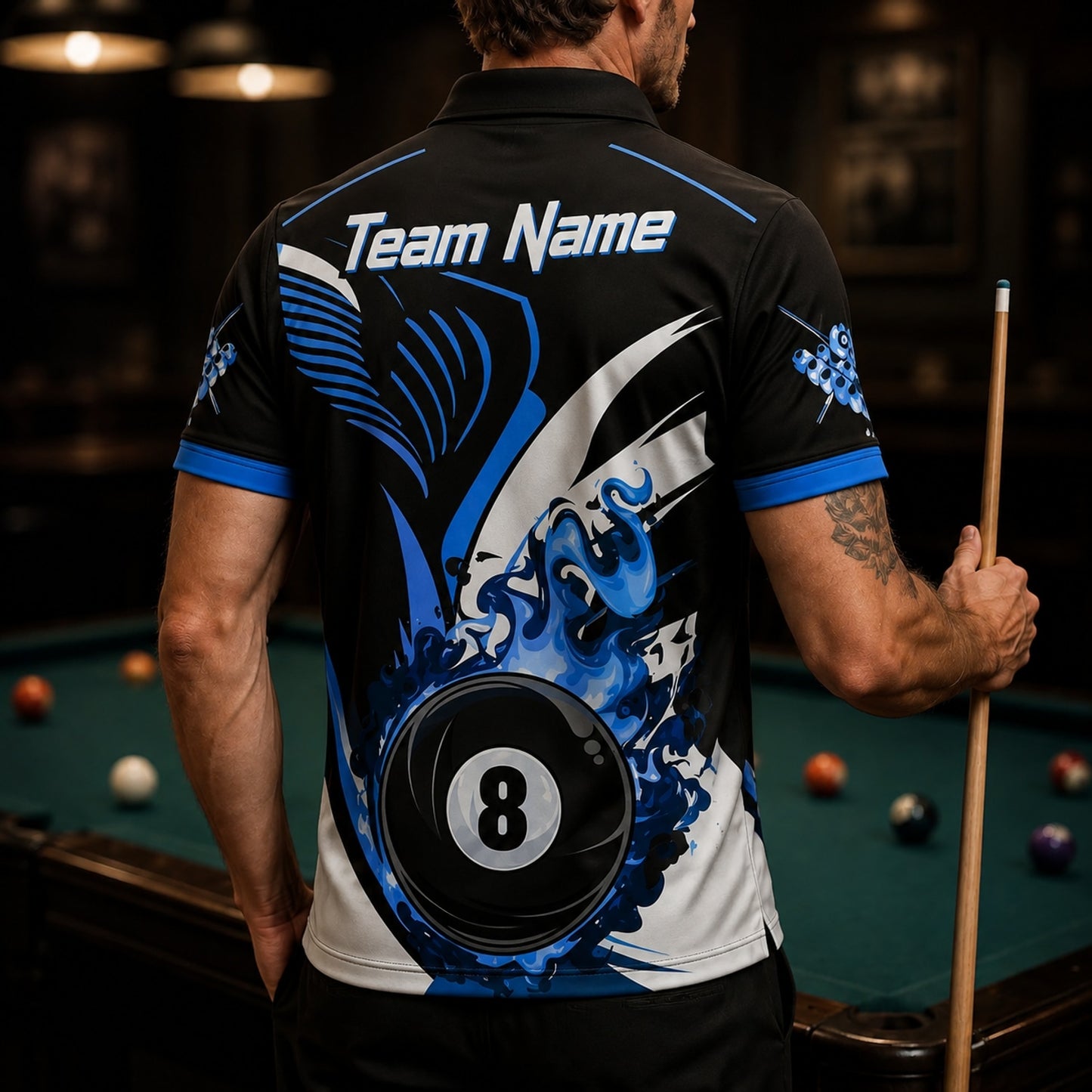 Blue Flaming 8 Ball Graphic Personalized Billiard Polo Shirt Back View