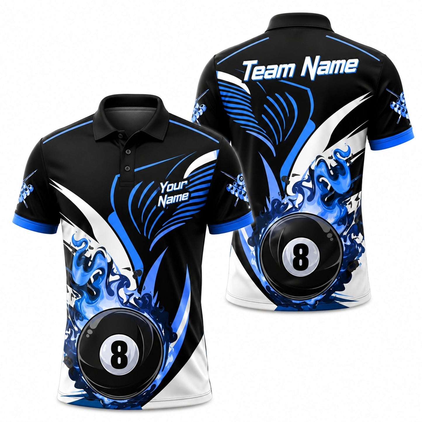 Blue Flaming 8 Ball Graphic Personalized Billiard Polo Shirt