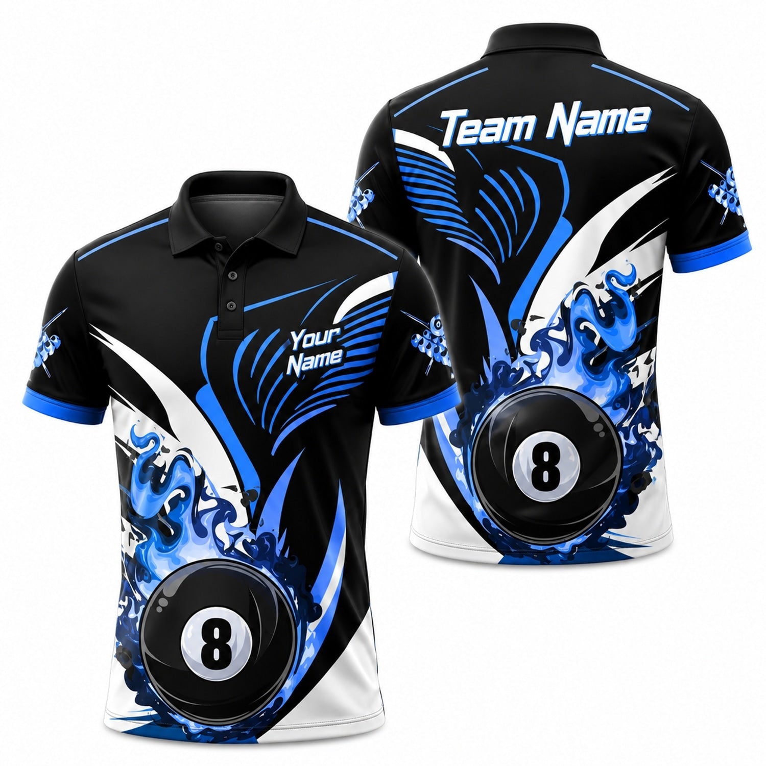 Blue Flaming 8 Ball Graphic Personalized Billiard Polo Shirt