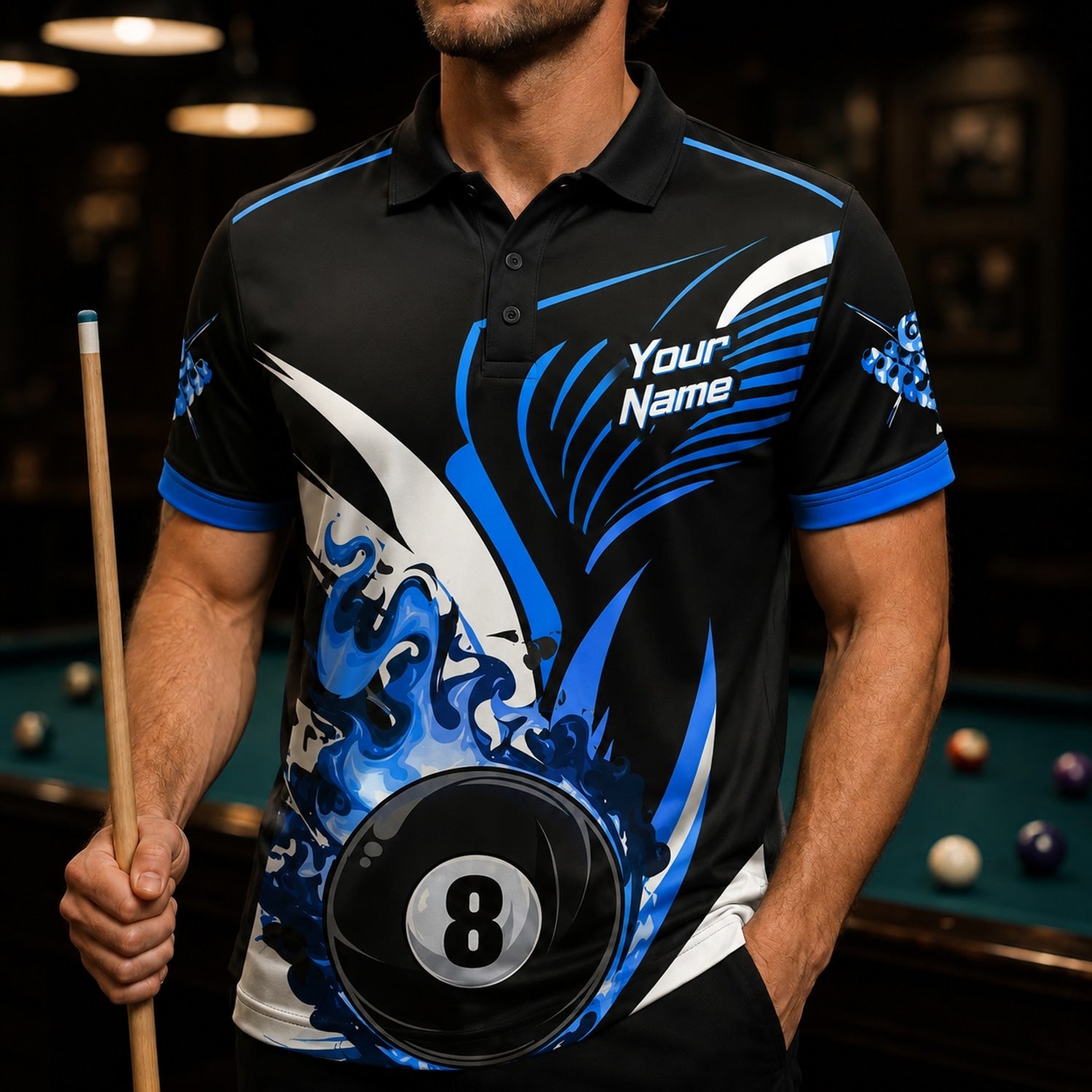 Blue Flaming 8 Ball Graphic Personalized Billiard Polo Shirt Front View
