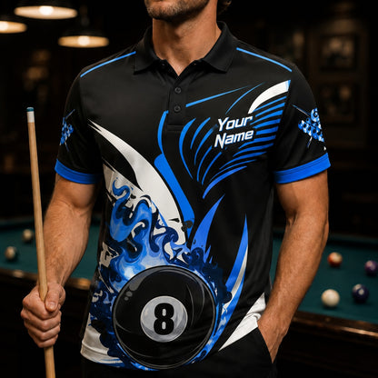 Blue Flaming 8 Ball Graphic Personalized Billiard Polo Shirt Front View