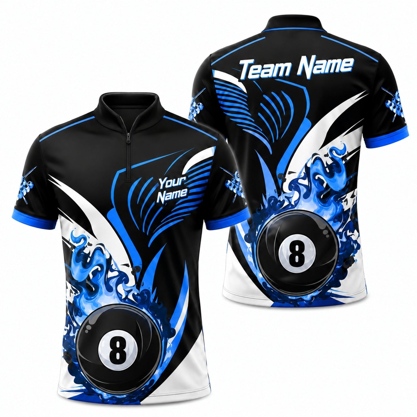 Blue Flaming 8 Ball Graphic Personalized Billiard Polo Shirt Jersey Zip 1 4 Collar