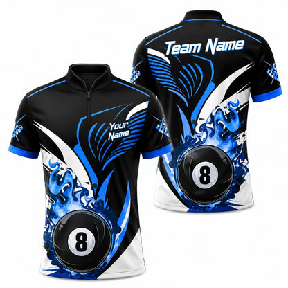 Blue Flaming 8 Ball Graphic Personalized Billiard Polo Shirt Jersey Zip 1 4 Collar