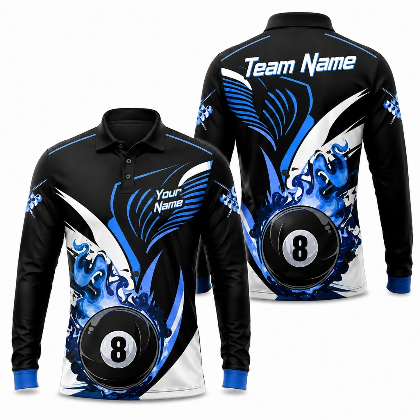 Blue Flaming 8 Ball Graphic Personalized Billiard Polo Shirt Long Sleeve Polo
