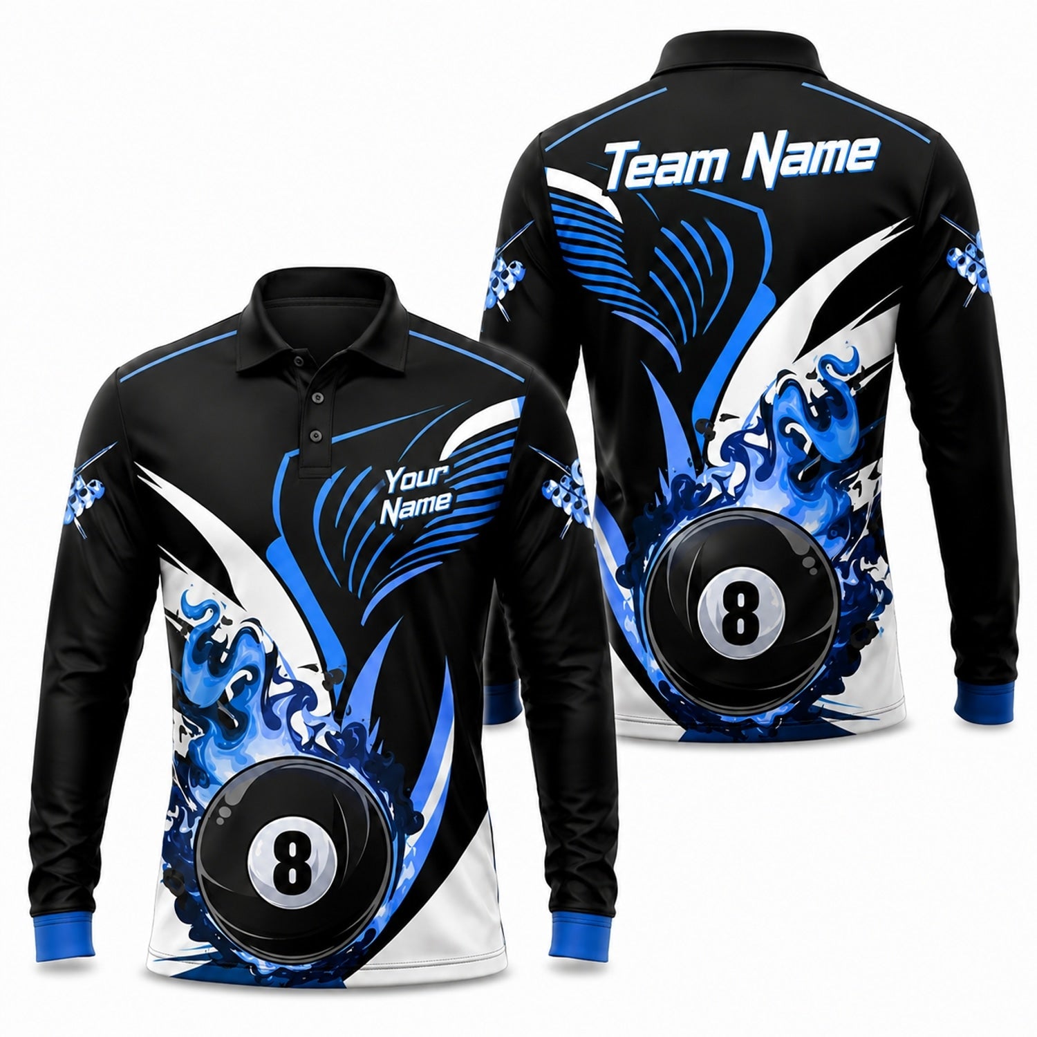 Blue Flaming 8 Ball Graphic Personalized Billiard Polo Shirt Long Sleeve Polo
