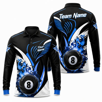Blue Flaming 8 Ball Graphic Personalized Billiard Polo Shirt Long Sleeve Polo