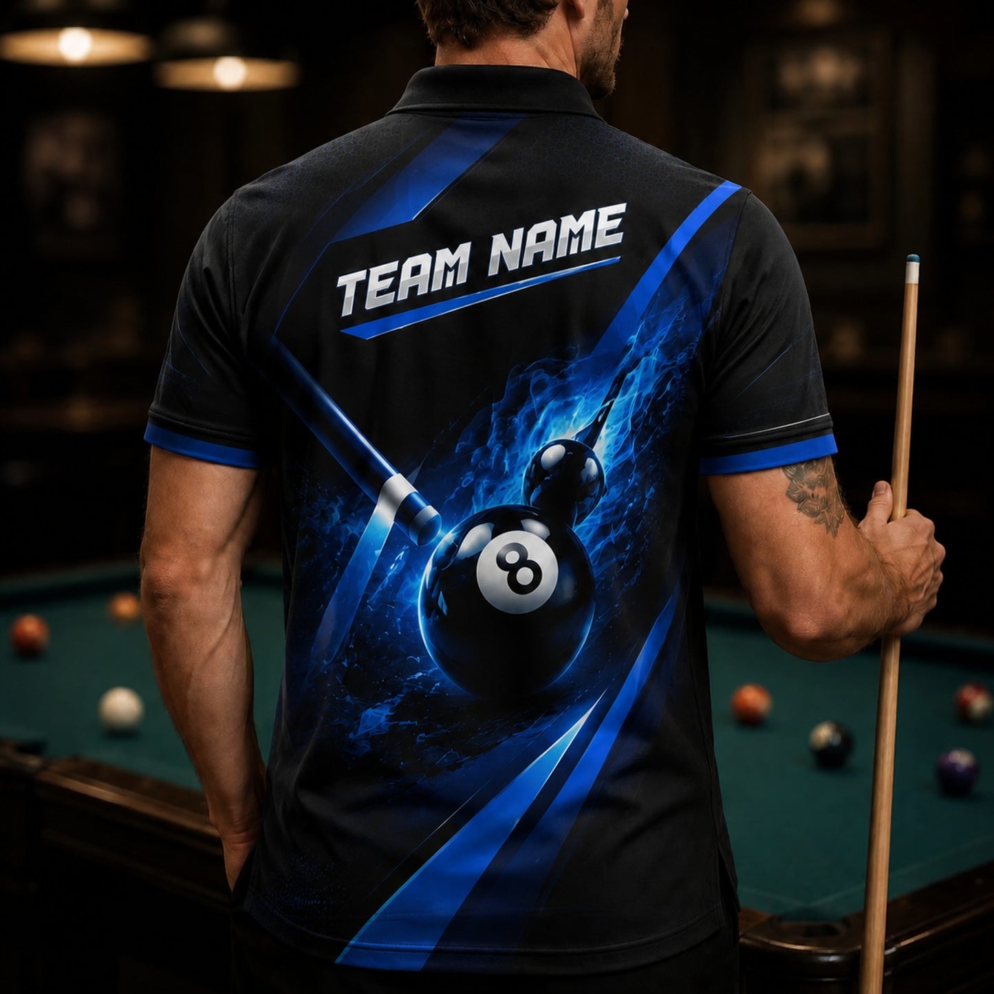 Blue Lightning 8 Ball Sport Custom Billiard Polo Shirt Back View