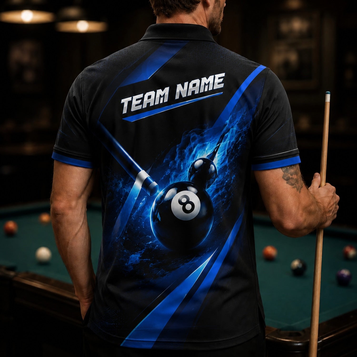 Blue Lightning 8 Ball Sport Custom Billiard Polo Shirt Back View