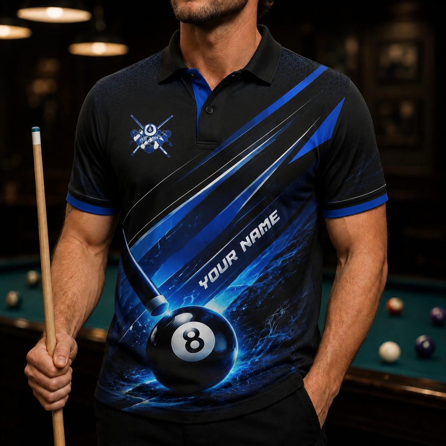 Blue Lightning 8 Ball Sport Custom Billiard Polo Shirt Front View