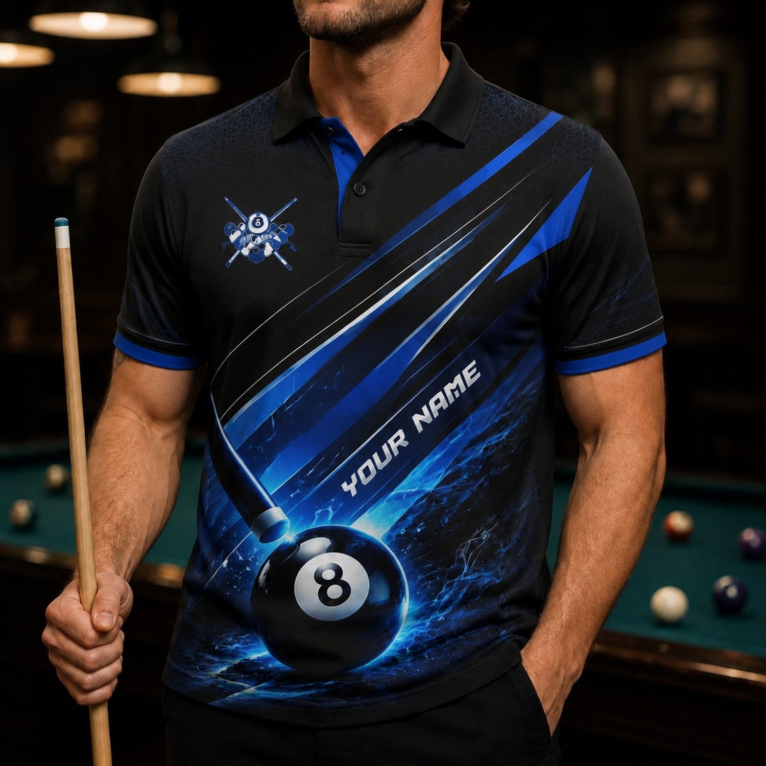 Blue Lightning 8 Ball Sport Custom Billiard Polo Shirt Front View