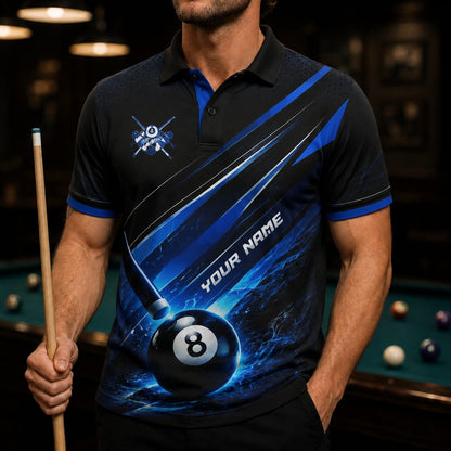 Blue Lightning 8 Ball Sport Custom Billiard Polo Shirt Front View