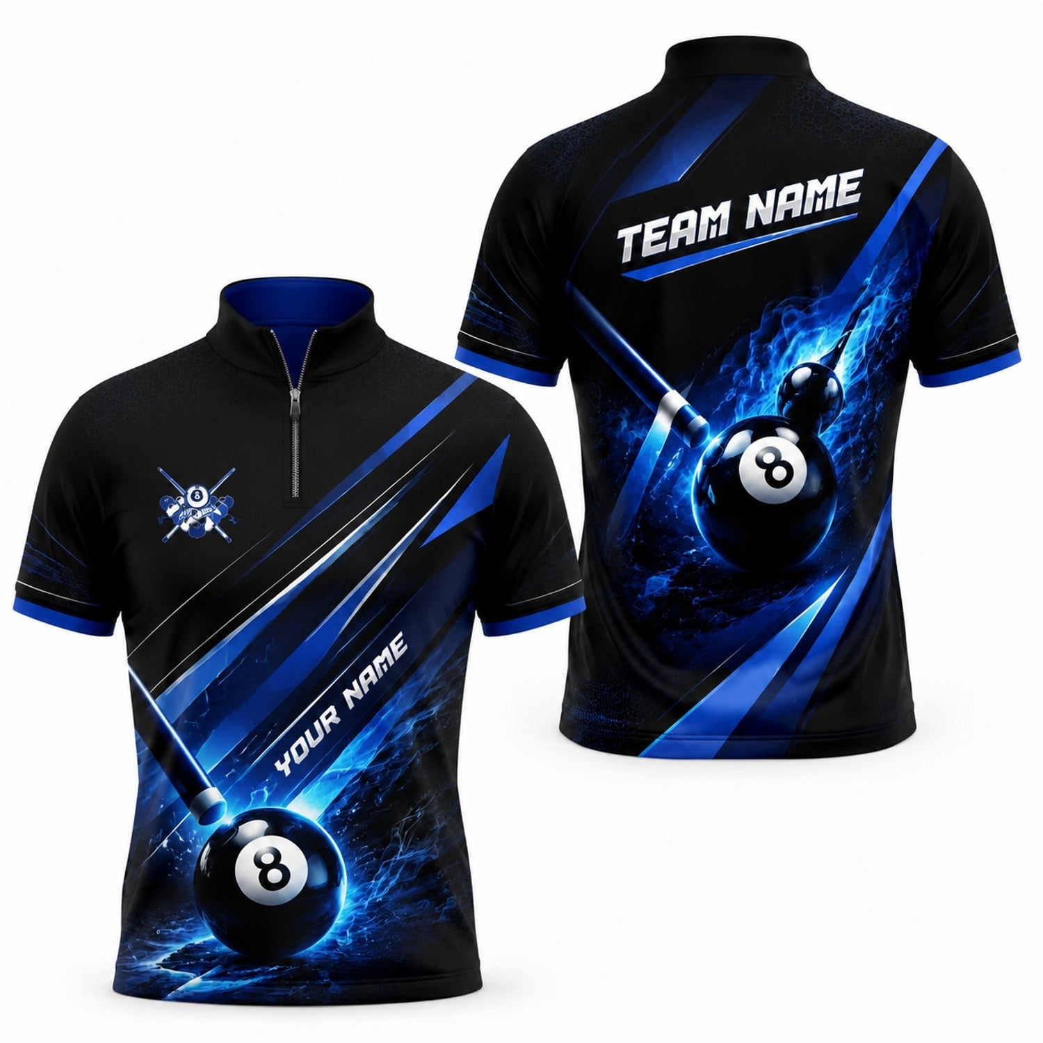 Blue Lightning 8 Ball Sport Custom Billiard Polo Shirt Jersey Zip 1 4 Collar