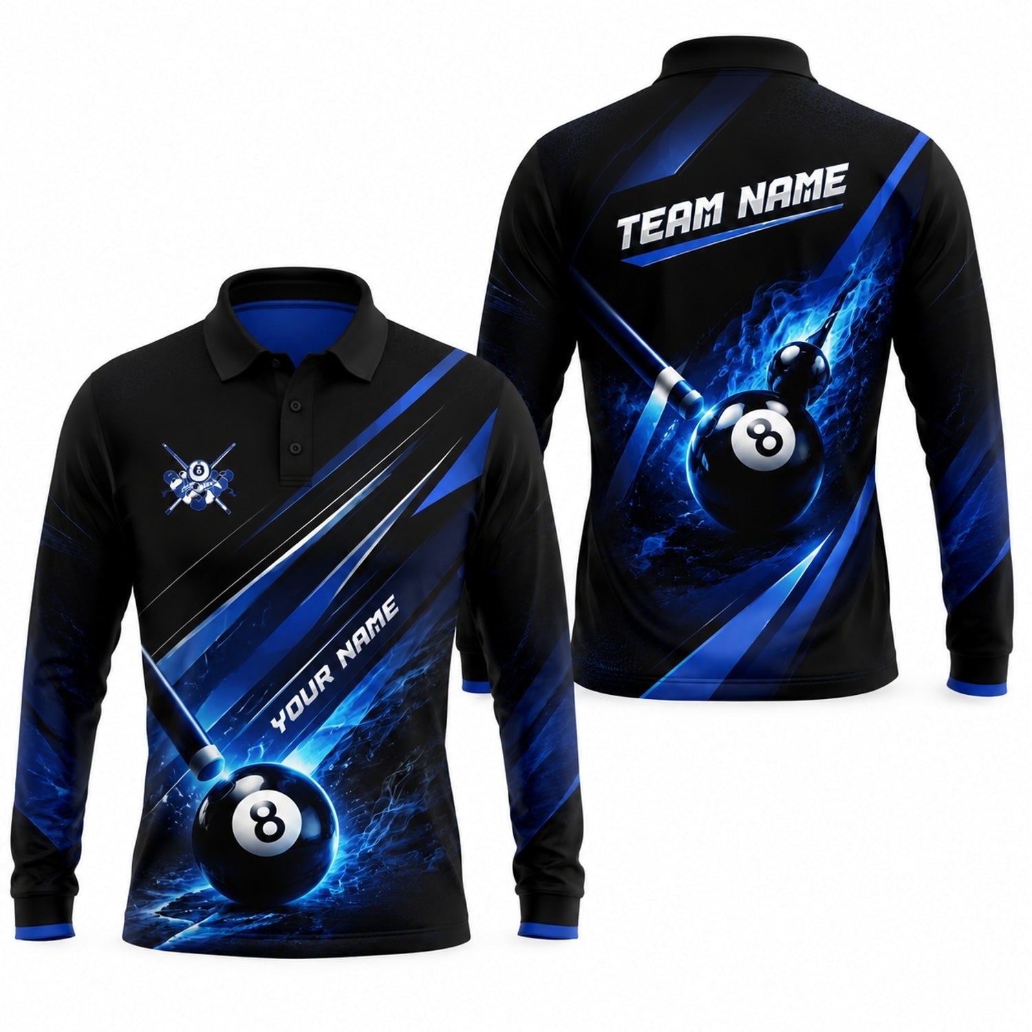 Blue Lightning 8 Ball Sport Custom Billiard Polo Shirt Long Sleeve Polo