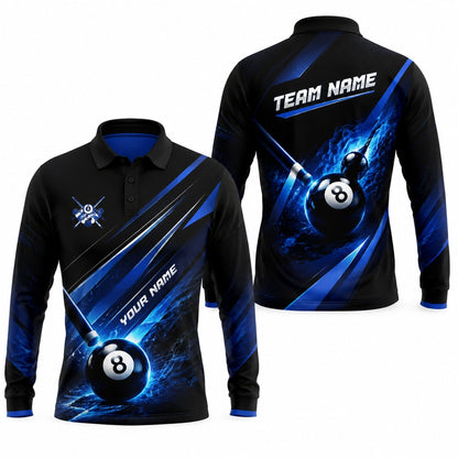 Blue Lightning 8 Ball Sport Custom Billiard Polo Shirt Long Sleeve Polo