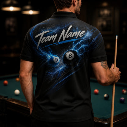 Blue Lightning 8 Ball Sport Personalized Billiard Polo Shirt Back View