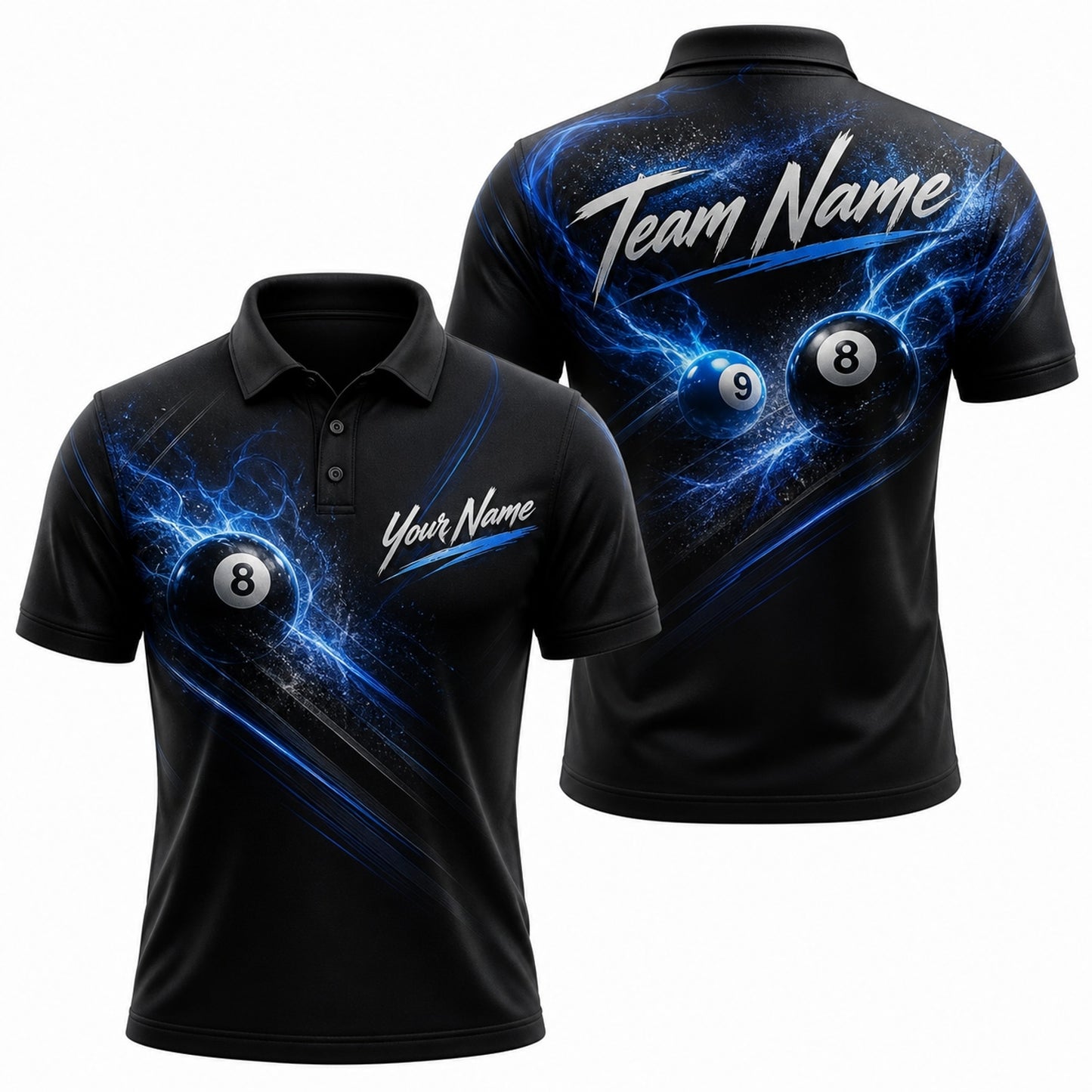Blue Lightning 8 Ball Sport Personalized Billiard Polo Shirt