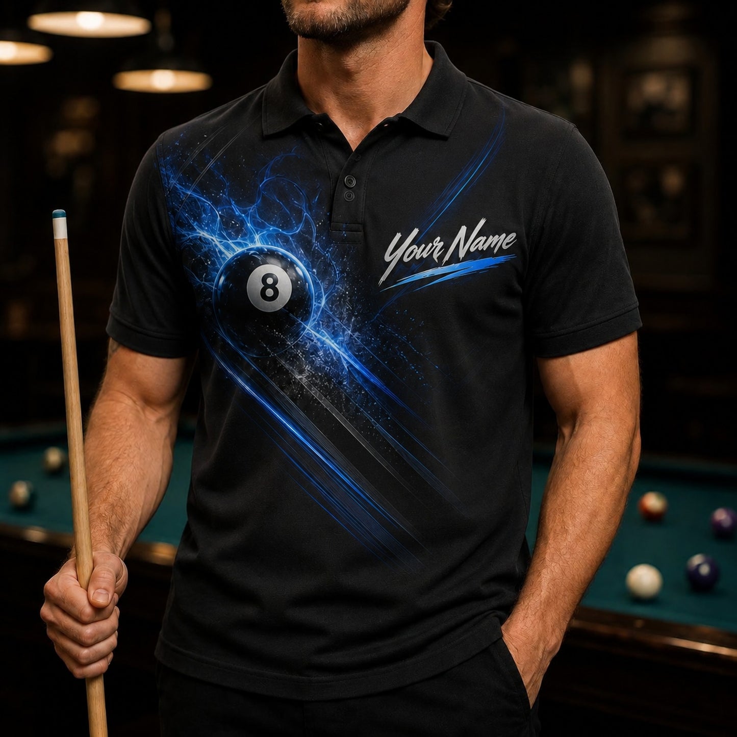 Blue Lightning 8 Ball Sport Personalized Billiard Polo Shirt Front View
