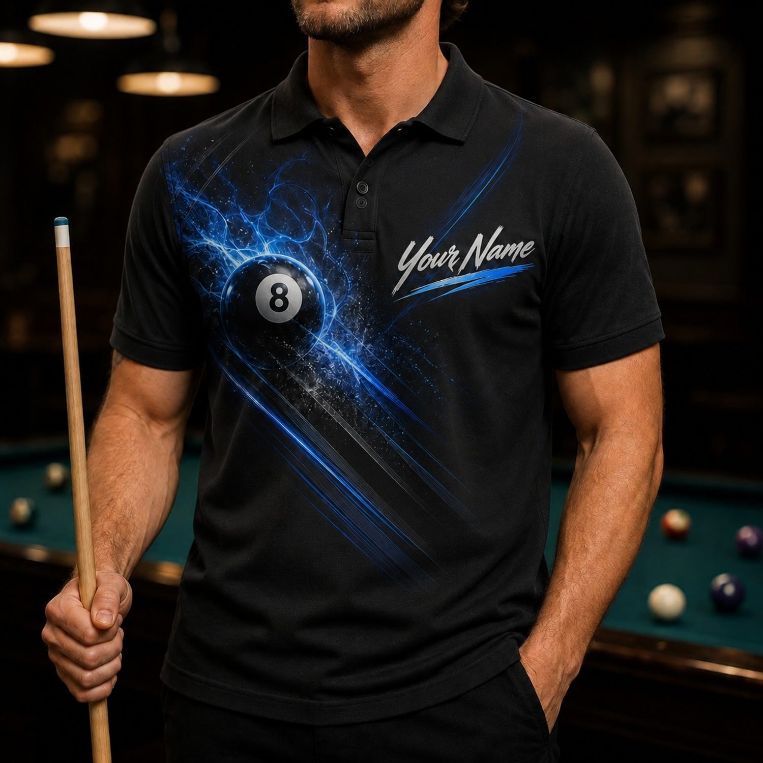 Blue Lightning 8 Ball Sport Personalized Billiard Polo Shirt Front View