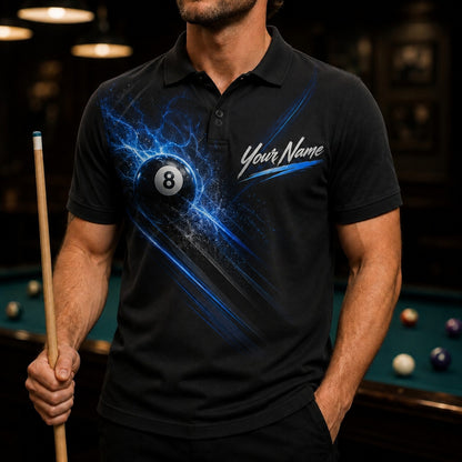 Blue Lightning 8 Ball Sport Personalized Billiard Polo Shirt Front View