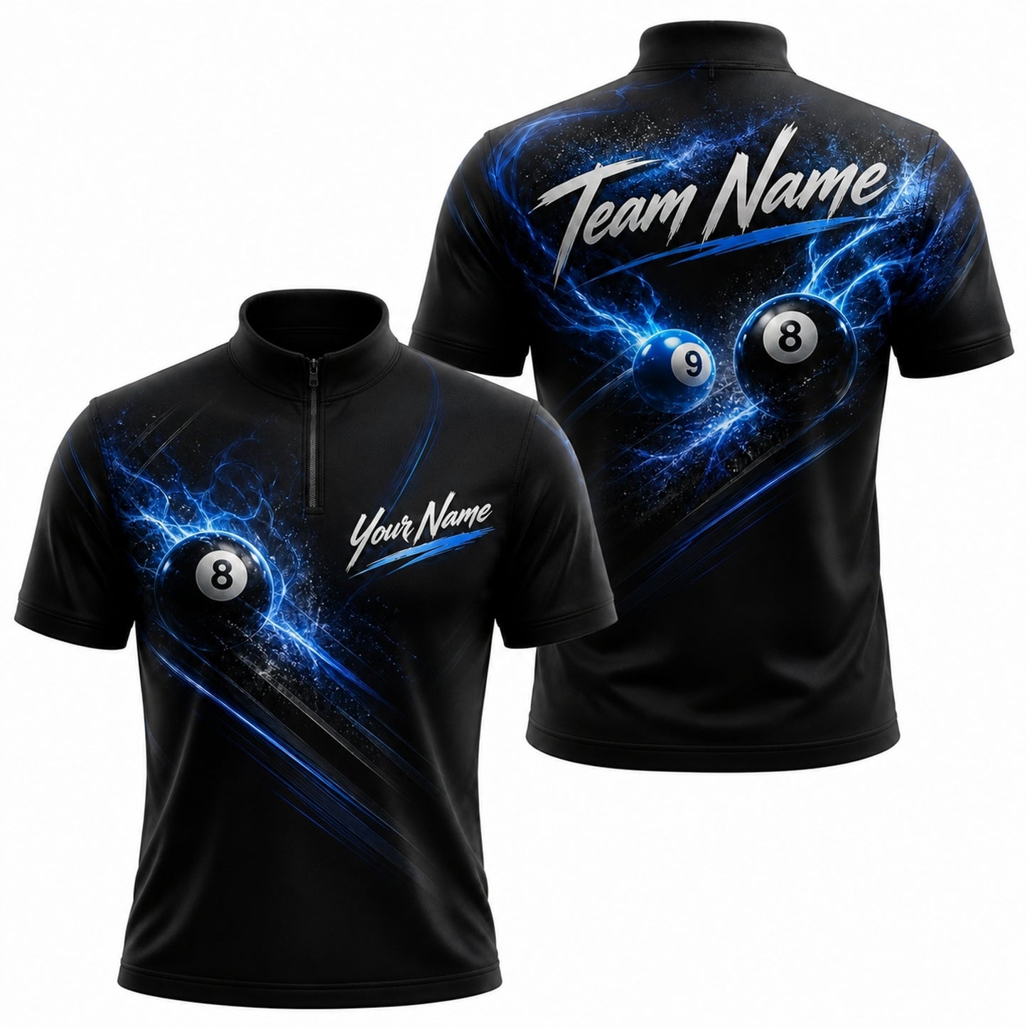 Blue Lightning 8 Ball Sport Personalized Billiard Polo Shirt Jersey Zip 1 4 Collar