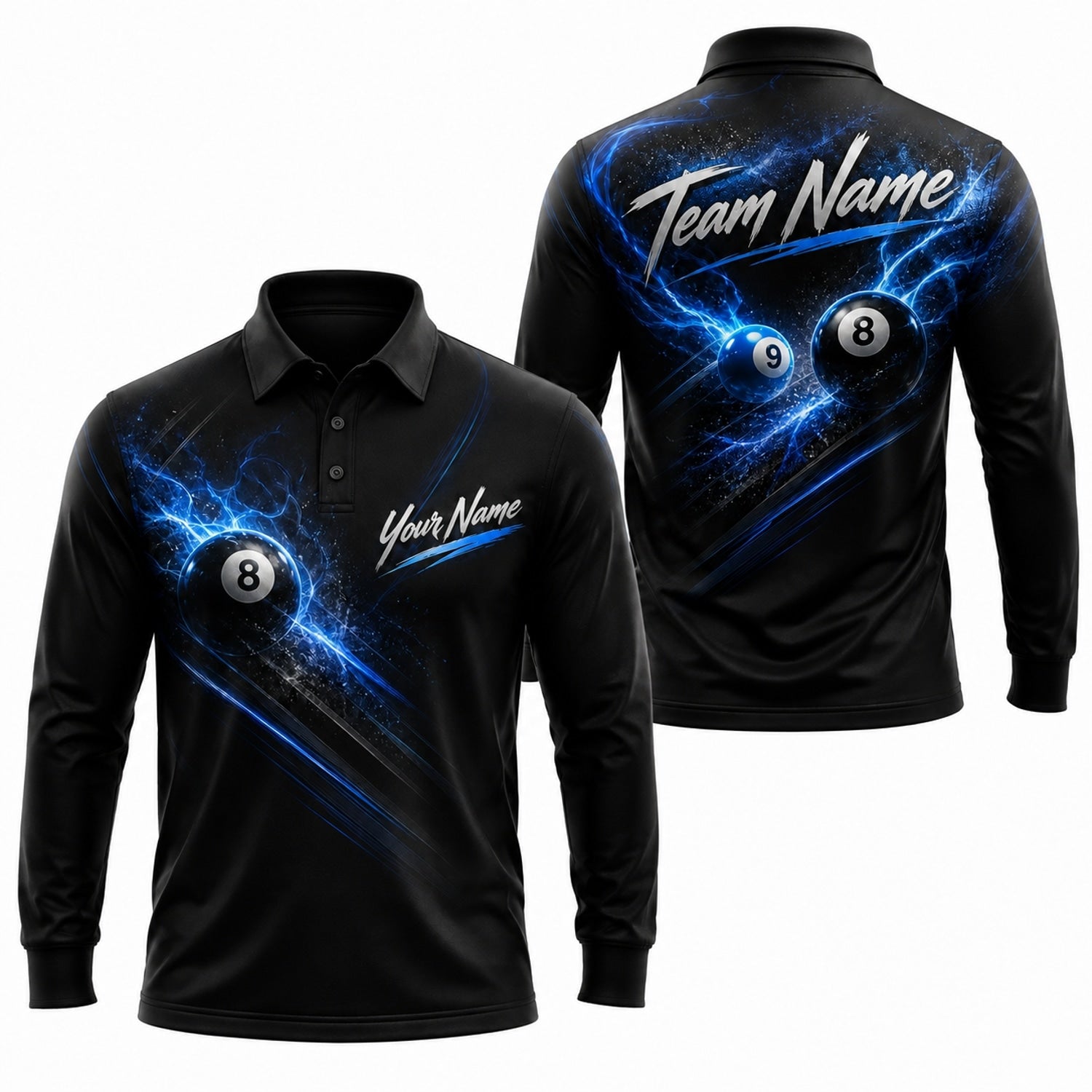 Blue Lightning 8 Ball Sport Personalized Billiard Polo Shirt Long Sleeve Polo