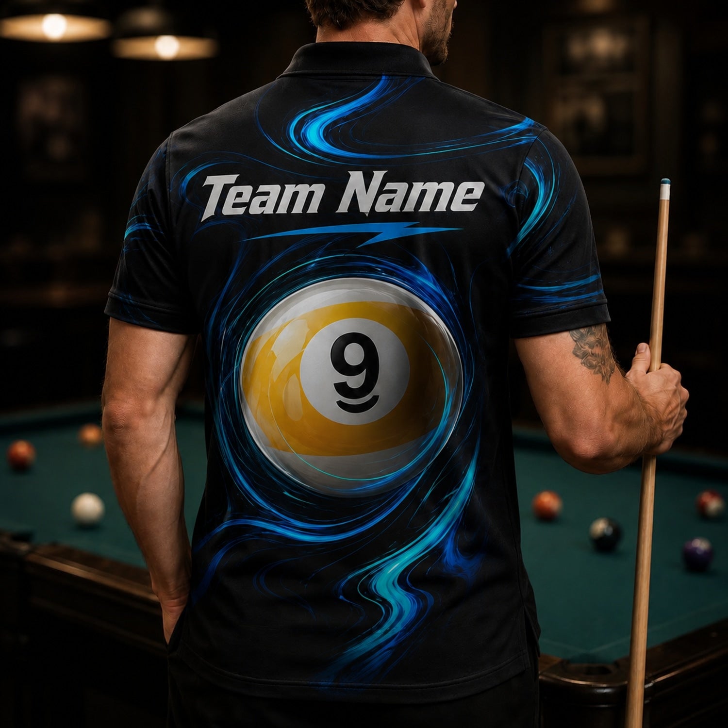 Blue Swirl 8 Ball Sport Personalized Billiard Polo Shirt Back View