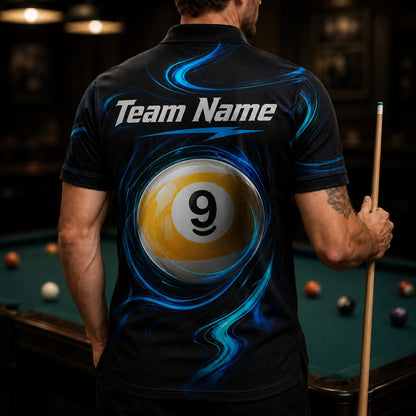 Blue Swirl 8 Ball Sport Personalized Billiard Polo Shirt Back View